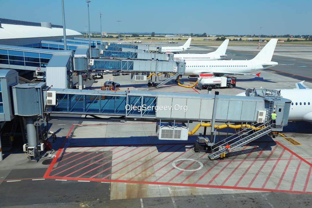 Passenger planes are parked at the airport